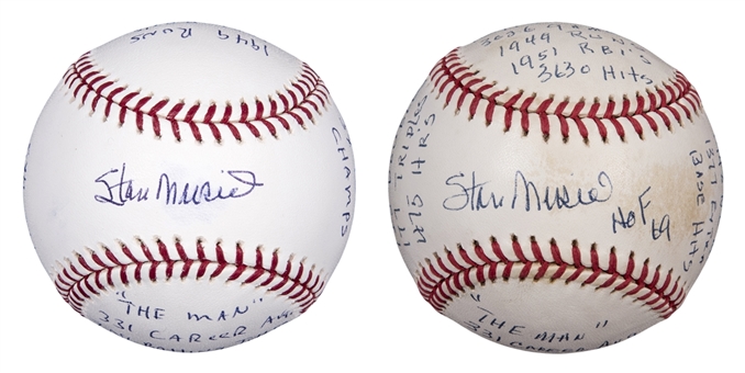 Lot of (2) Stan Musial Autographed and Inscribed Baseballs (PSA/DNA 10 & JSA)